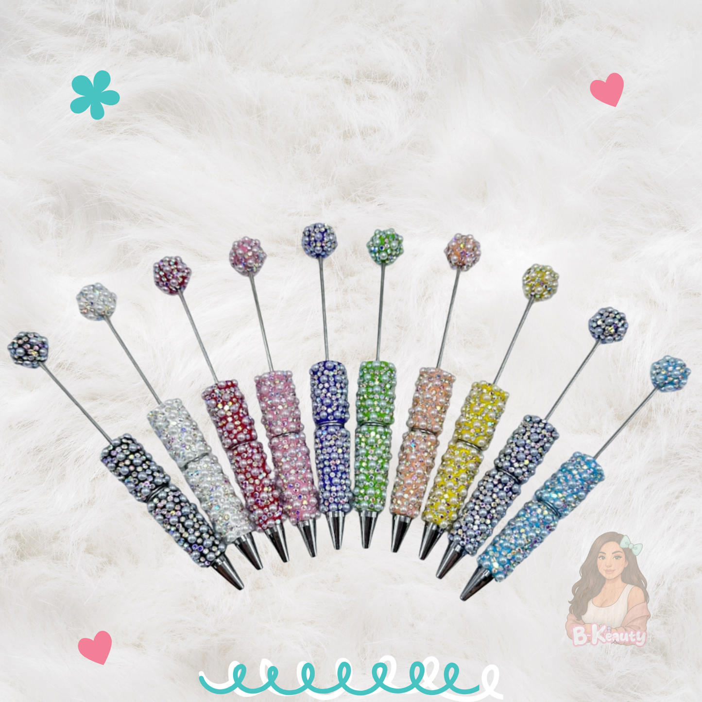 Beadable Clay Pens with White Pearls & AB Rhinestones