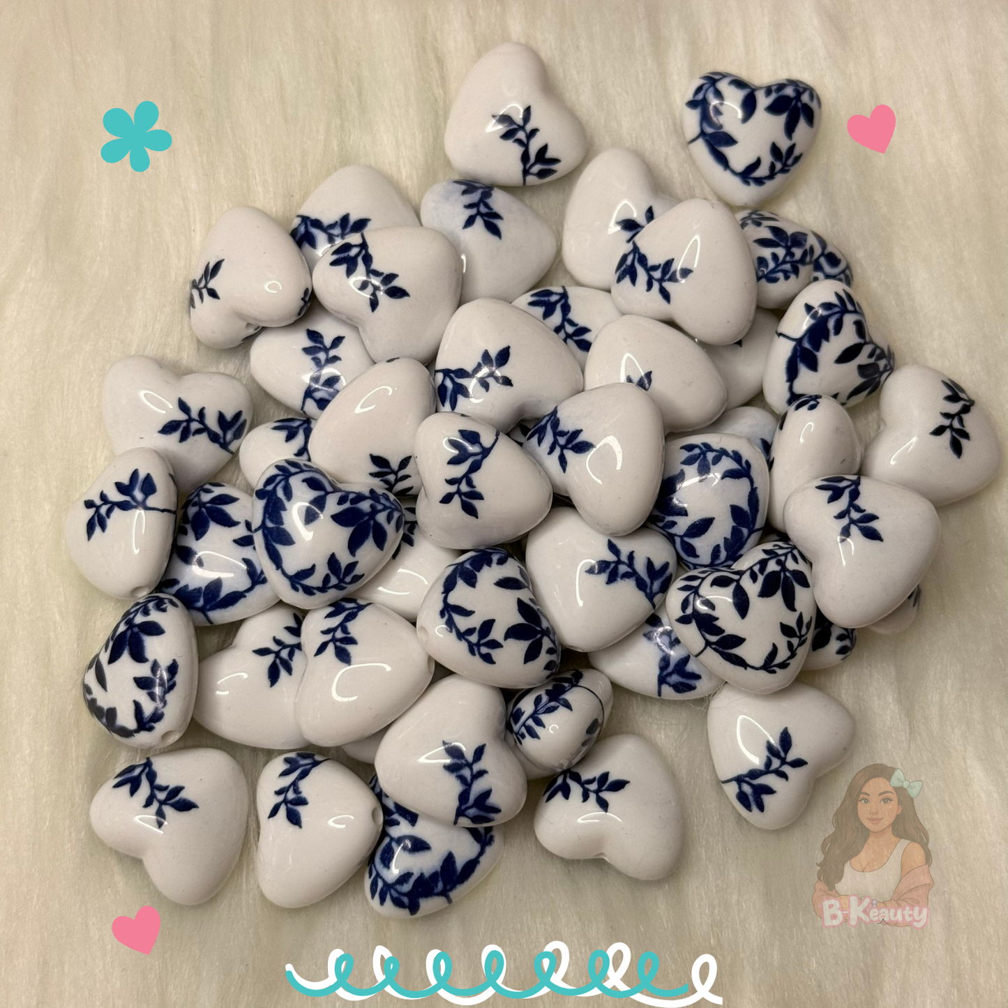 Blue & White Floral Heart Acrylic Beads