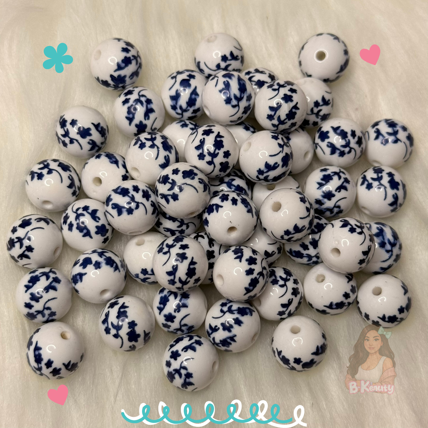 Blue & White Floral Round Acrylic Beads